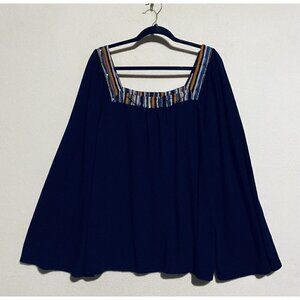 Weekend Suzanne Betro Top Womens 2X Navy Blue Bell Sleeve Square Neck Flowy Boho